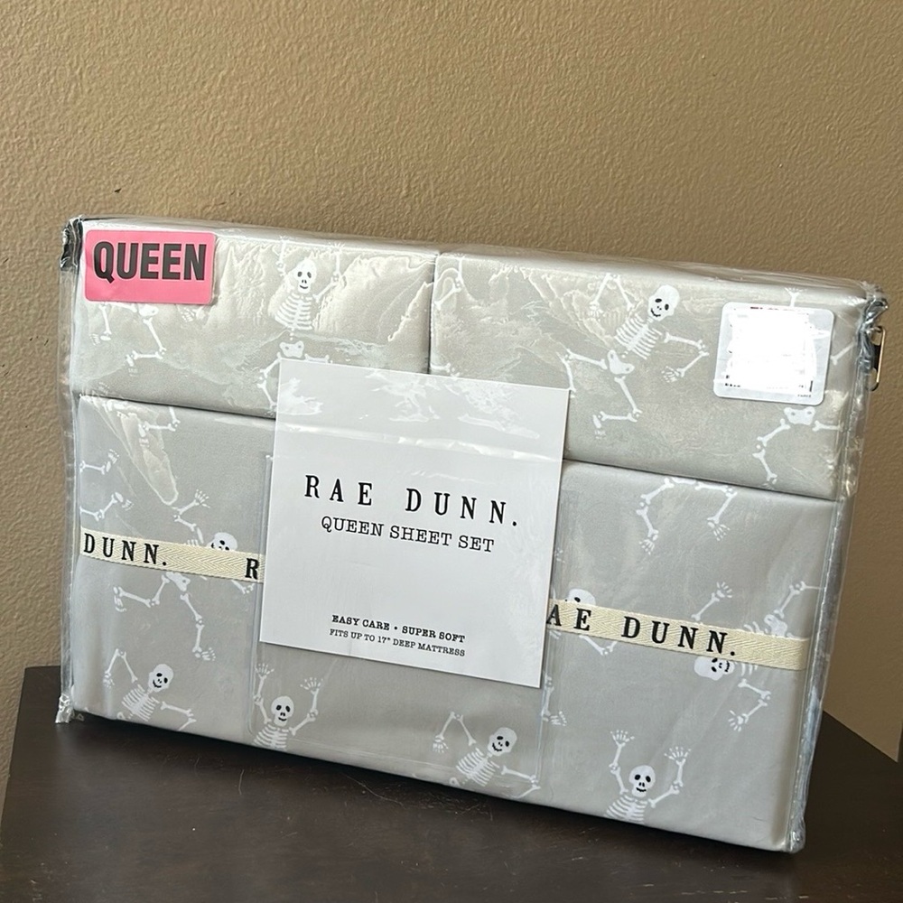 Rae Dunn Halloween Gray QUEEN SHEET SET Skeletons Dancing Spooky Creepy NEW
